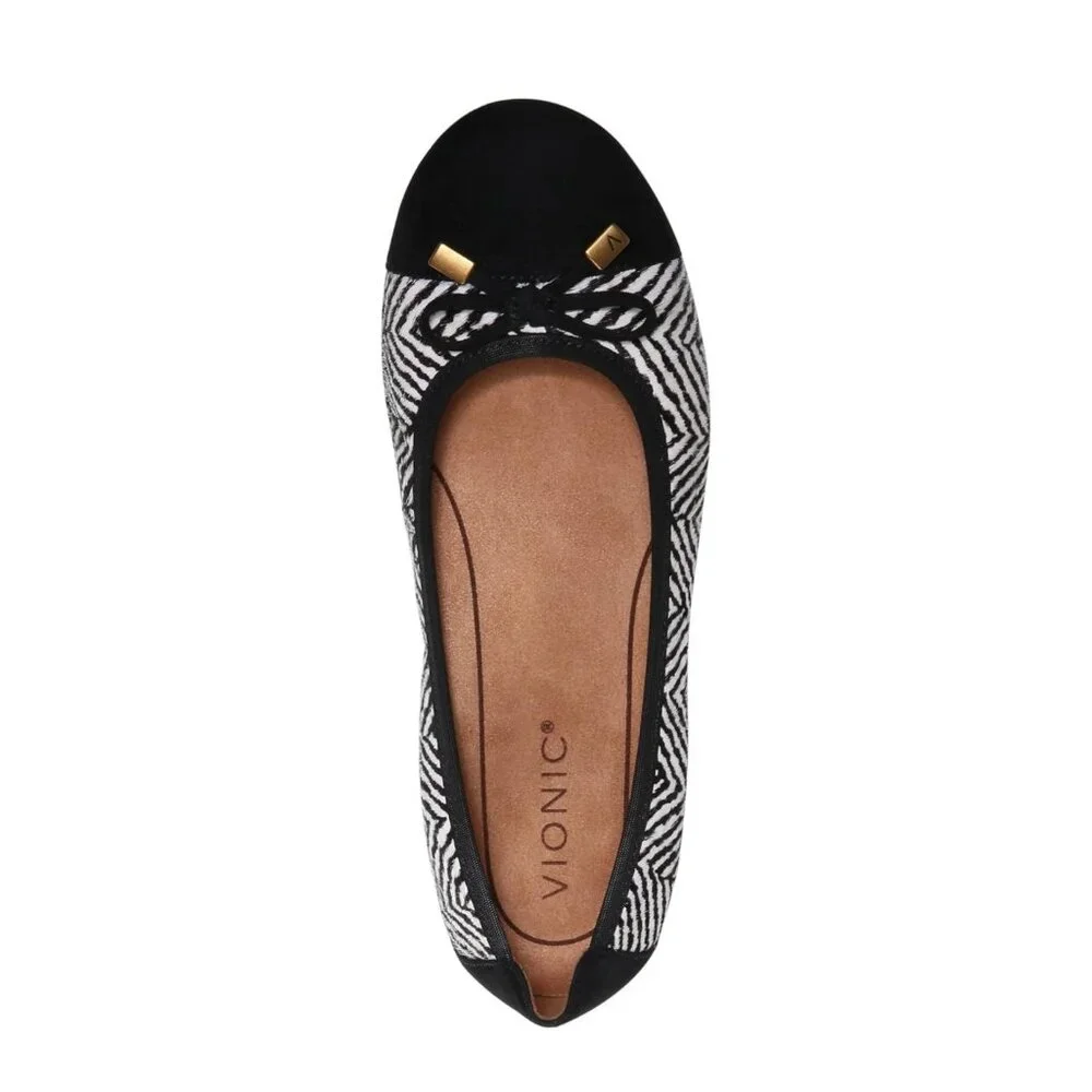 Vionic Minna Zebra Print Ballet Flats With Bow Detail -‎ Black & White Size 6